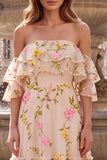 Champagne Ruffled Off the Shoulder Floral A-Line Long Formal Dress