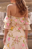 Champagne Ruffled Off the Shoulder Floral A-Line Long Formal Dress