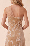 One Shoulder Champagne A-Line Velvet Long Wedding Guest Dress