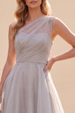 Grey One Shoulder A-Line Organza Long Mother Of The Bride Dress