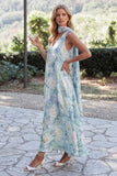 Floral Light Blue V-Neck A-Line Long Wedding Guest Dress with Neck Scarf