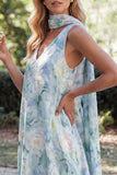 Floral Light Blue V-Neck A-Line Long Wedding Guest Dress with Neck Scarf