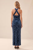 Navy Sheath Halter Velvet Long Wedding Guest Dress