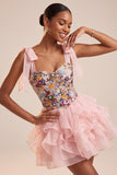 Pink A-Line Corset Tie-Bow Straps Tiered Ruffle Short Homecoming Dress