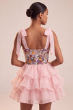 Pink A-Line Corset Tie-Bow Straps Tiered Ruffle Short Homecoming Dress