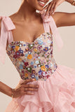 Pink A-Line Corset Tie-Bow Straps Tiered Ruffle Short Homecoming Dress