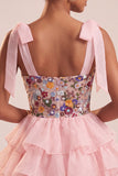 Pink A-Line Corset Tie-Bow Straps Tiered Ruffle Short Homecoming Dress