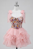 Pink A-Line Corset Tie-Bow Straps Tiered Ruffle Short Homecoming Dress