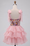 Pink A-Line Corset Tie-Bow Straps Tiered Ruffle Short Homecoming Dress