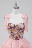 Pink A-Line Corset Tie-Bow Straps Tiered Ruffle Short Homecoming Dress