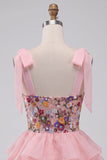 Pink A-Line Corset Tie-Bow Straps Tiered Ruffle Short Homecoming Dress
