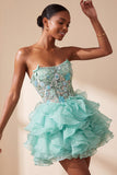 Mint Green Corset Strapless Tiered Ruffle Short Homecoming Dress with Embroidery