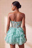 Mint Green Corset Strapless Tiered Ruffle Short Homecoming Dress with Embroidery