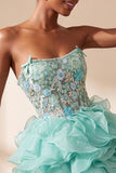 Mint Green Corset Strapless Tiered Ruffle Short Homecoming Dress with Embroidery