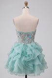 Mint Green Corset Strapless Tiered Ruffle Short Homecoming Dress with Embroidery