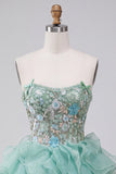 Mint Green Corset Strapless Tiered Ruffle Short Homecoming Dress with Embroidery
