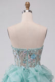Mint Green Corset Strapless Tiered Ruffle Short Homecoming Dress with Embroidery