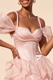 Pink Corset Cold Shoulder Short Homecoming Dress with Ruffle Hem