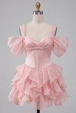 Pink Corset Cold Shoulder Short Homecoming Dress with Ruffle Hem
