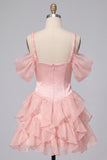 Pink Corset Cold Shoulder Short Homecoming Dress with Ruffle Hem