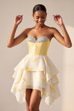 Yellow A-Line Corset Sweetheart Printed High-Low Homecoming Dress with Rhinestones