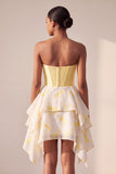Yellow A-Line Corset Sweetheart Printed High-Low Homecoming Dress with Rhinestones