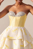 Yellow A-Line Corset Sweetheart Printed High-Low Homecoming Dress with Rhinestones