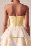 Yellow A-Line Corset Sweetheart Printed High-Low Homecoming Dress with Rhinestones