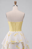 Yellow A-Line Corset Sweetheart Printed High-Low Homecoming Dress with Rhinestones