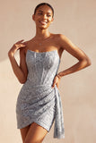Grey Blue Corset Bodycon Strapless Ruched Short Homecoming Dress with Side Streamer