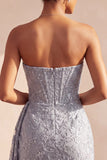 Grey Blue Corset Bodycon Strapless Ruched Short Homecoming Dress with Side Streamer