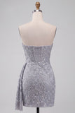 Grey Blue Corset Bodycon Strapless Ruched Short Homecoming Dress with Side Streamer