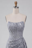 Grey Blue Corset Bodycon Strapless Ruched Short Homecoming Dress with Side Streamer