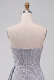 Grey Blue Corset Bodycon Strapless Ruched Short Homecoming Dress with Side Streamer