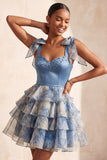 Grey Blue A-Line Beaded Bow-Strap Sweetheart Tiered Ruffle Homecoming Dress
