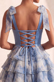 Grey Blue A-Line Beaded Bow-Strap Sweetheart Tiered Ruffle Homecoming Dress