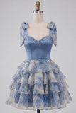 Grey Blue A-Line Beaded Bow-Strap Sweetheart Tiered Ruffle Homecoming Dress