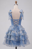 Grey Blue A-Line Beaded Bow-Strap Sweetheart Tiered Ruffle Homecoming Dress