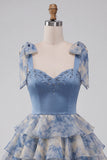 Grey Blue A-Line Beaded Bow-Strap Sweetheart Tiered Ruffle Homecoming Dress