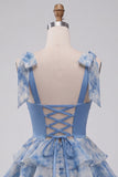 Grey Blue A-Line Beaded Bow-Strap Sweetheart Tiered Ruffle Homecoming Dress
