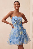 Grey Blue Strapless A-Line Ruched Short Homecoming Dress with 3D Flowers