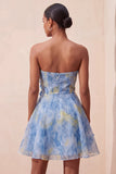 Grey Blue Strapless A-Line Ruched Short Homecoming Dress with 3D Flowers