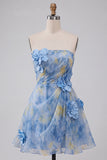 Grey Blue Strapless A-Line Ruched Short Homecoming Dress with 3D Flowers
