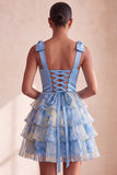 Grey Blue Bow-Strap V-Neck Pearls Tiered Short Homecoming Dress