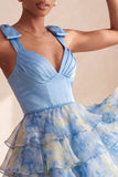 Grey Blue Bow-Strap V-Neck Pearls Tiered Short Homecoming Dress
