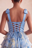 Grey Blue Bow-Strap V-Neck Pearls Tiered Short Homecoming Dress