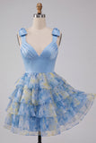 Grey Blue Bow-Strap V-Neck Pearls Tiered Short Homecoming Dress