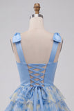 Grey Blue Bow-Strap V-Neck Pearls Tiered Short Homecoming Dress