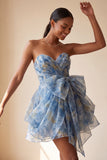 Grey Blue Strapless A-Line Ruched Short Homecoming Dress with Bow