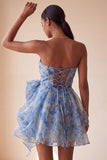 Grey Blue Strapless A-Line Ruched Short Homecoming Dress with Bow